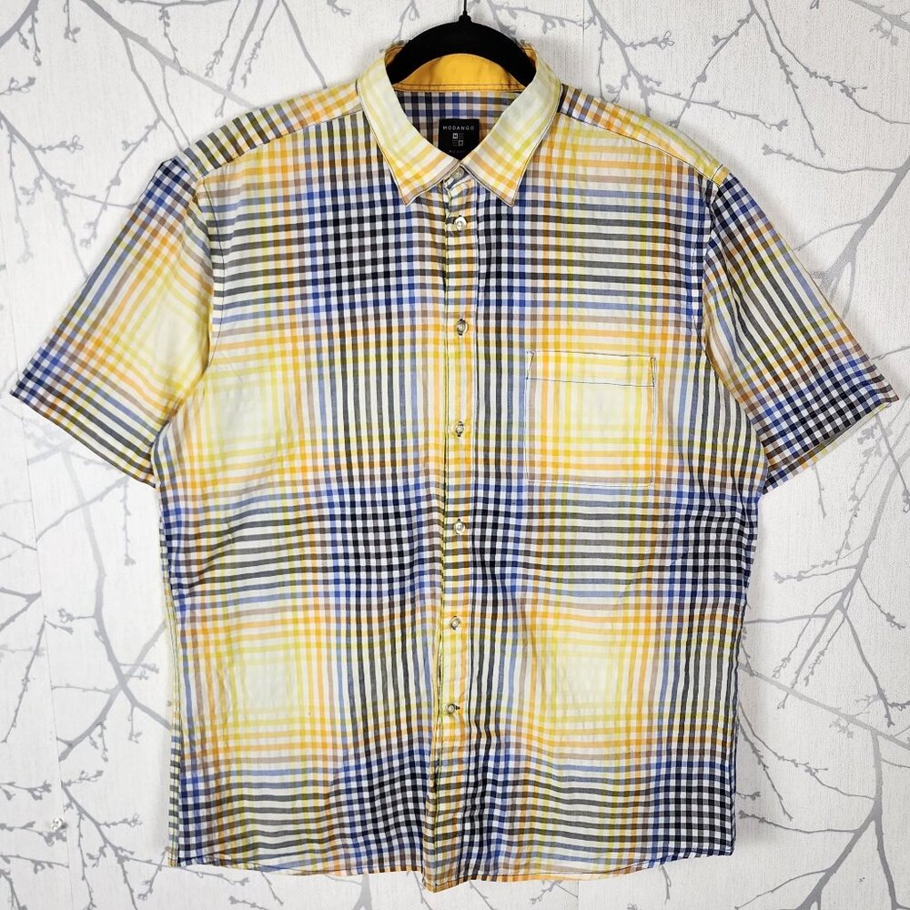 Modango Yellow Gingham Plaid 100% Cotton Short Sleeve Shirt